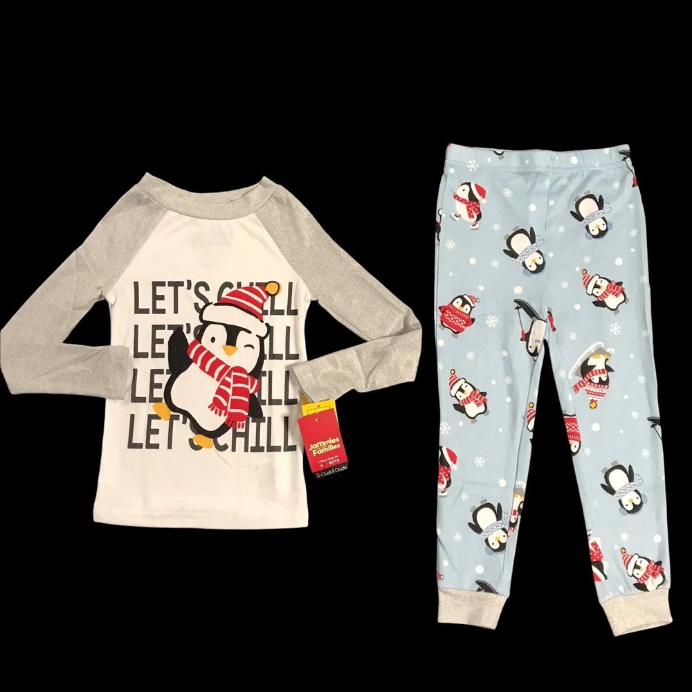 Cuddl Duds Toddler Boys 2pc Pajama Set Size 3-4T Penguin Holiday Print Blue Gray